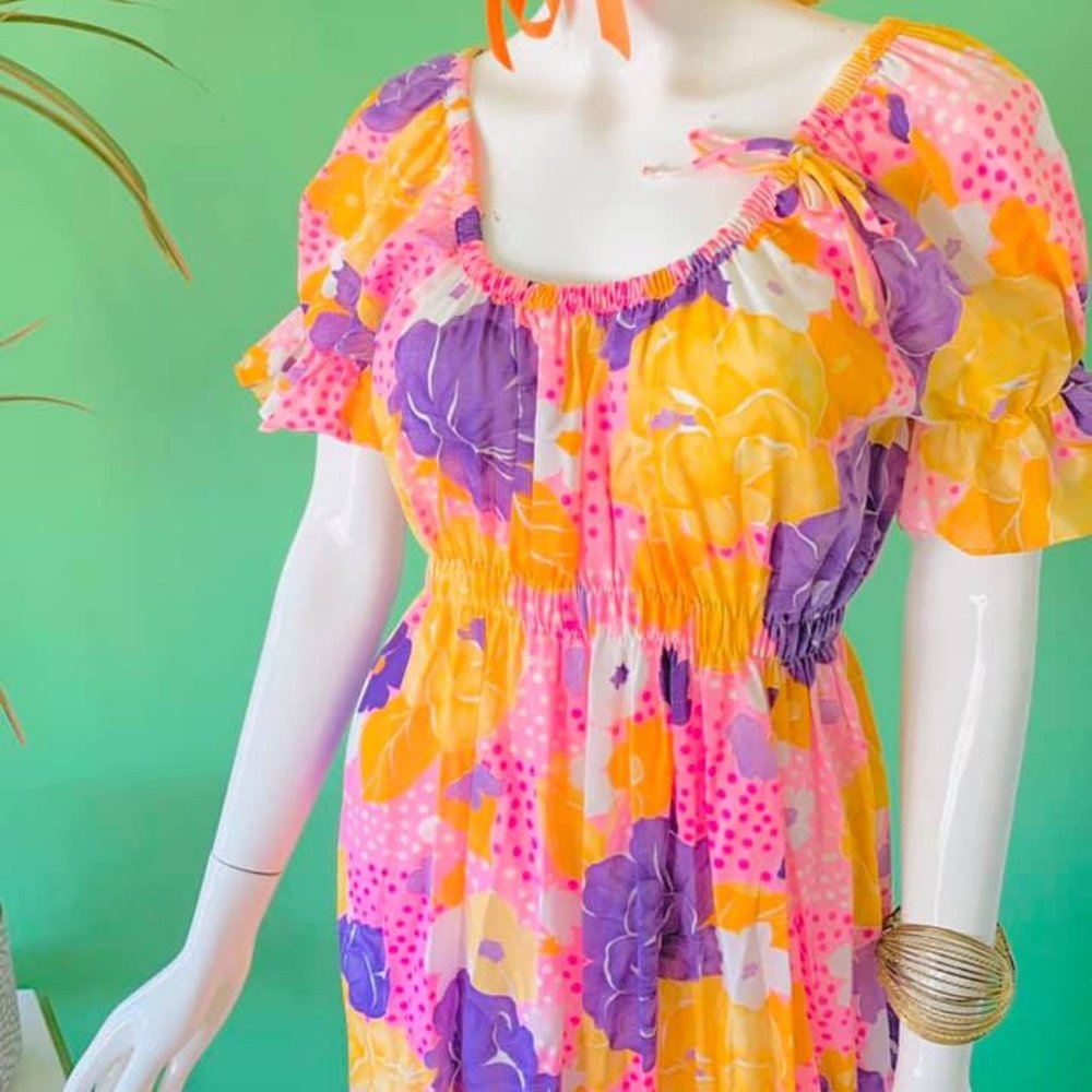 Vintage Miss Elaine Prairie Style Maxi Dress | Orange, Hot Pink, Purple